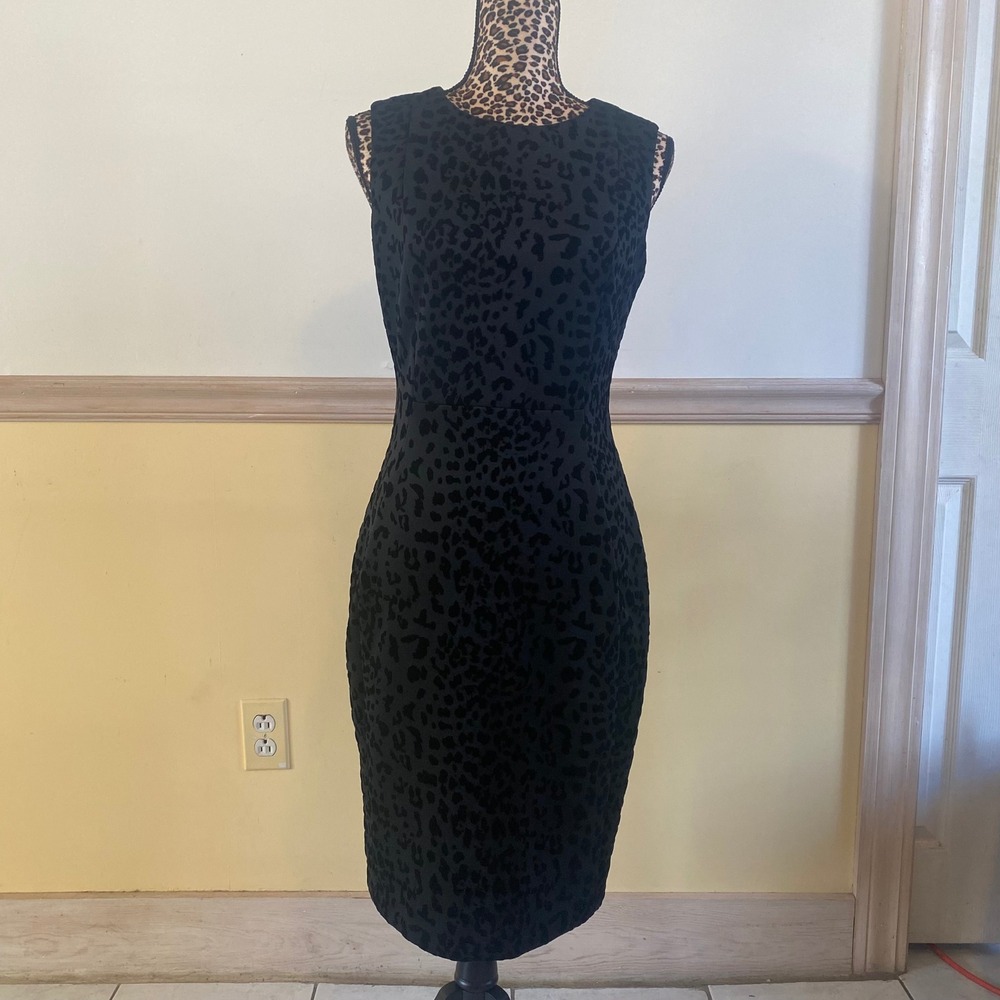 Calvin Klein Women's Black Velvet Leopard‎ Print Sheath Sleeveless Dress Size 8